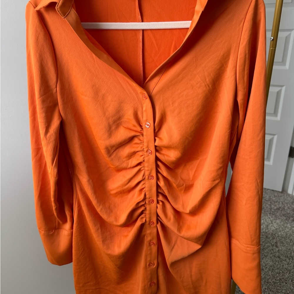 H&M Orange Ruched 3/4 Sleeve Dress